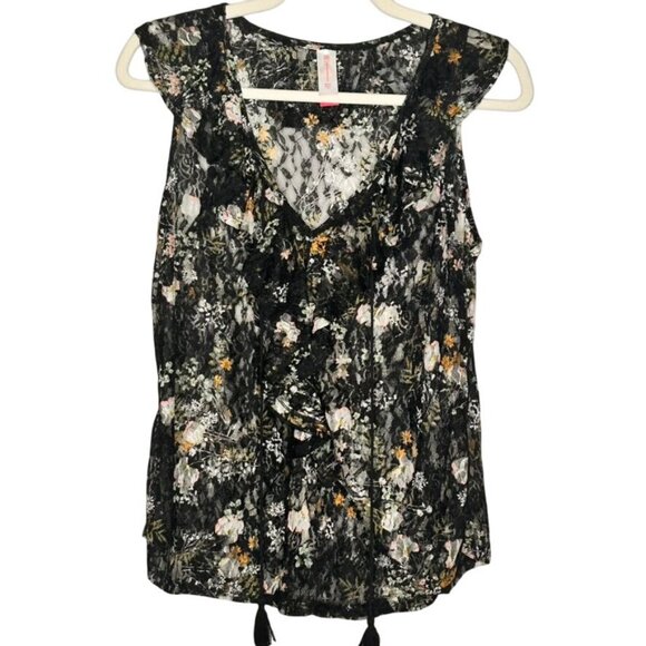 90S Y2K Sheer Black Floral Lace Top Womens L Whimsigoth Fairygrunge Ruffle Sheer - Picture 1 of 8